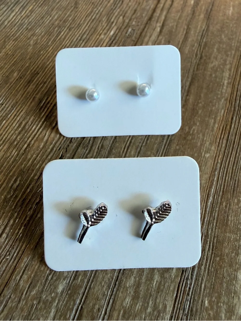Silver Leaf and Pearl Stud Earring Set - 2 pairs total